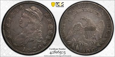 1820 50C Sq. 2, Lg Date, Knob 2 VF35