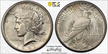 1921 $1 High Relief, Peace AU58+