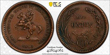 1863 Token F-178/267a Copper Our Union AU55BN