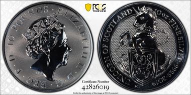 2019 £10 Unicorn of Scotland Queen's Beasts 10 oz Ag MS69