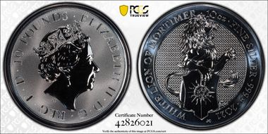 2021 £10 White Lion of Mortimer Queen's Beasts 10oz. Ag MS69