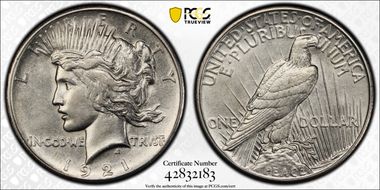 1921 $1 High Relief, Peace AU53