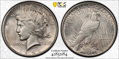 1921 $1 High Relief, Peace AU58