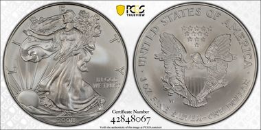 2008-W $1 Burnished Silver Eagle Reverse of 2007 SP70