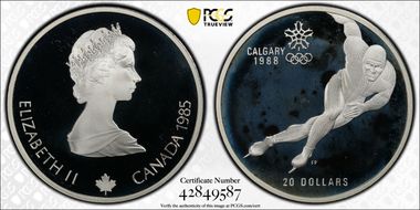 1985 $20 Speed Skating Plain Edge PR68DCAM
