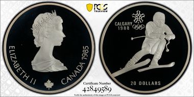 1985 $20 Olympics - Alpine Skiing PR69DCAM