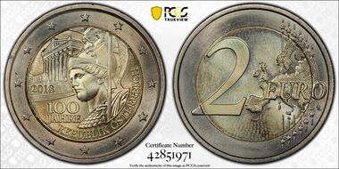 2018 € 2 100th Anniv-Austrian Republic MS65