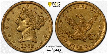 1842 $5 Small Letters AU50