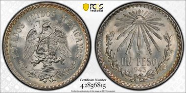 1943-M Peso KM-455  Ag MS67