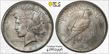 1921 $1 High Relief, Peace MS64