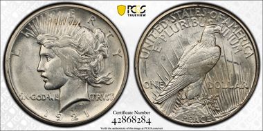 1921 $1 High Relief, Peace AU58