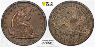 1853-O 50C Arrows and Rays AU58