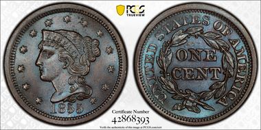 1855 1C Upright 55 MS65BN