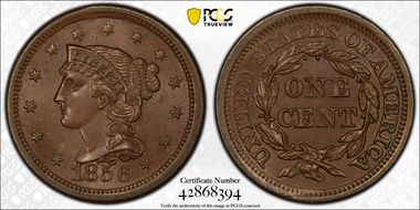 1856 1C Upright 5 MS65BN