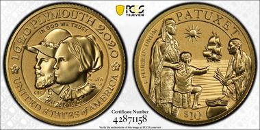 2020-W $10 Mayflower 400th Anniversary Reverse Proof PR70