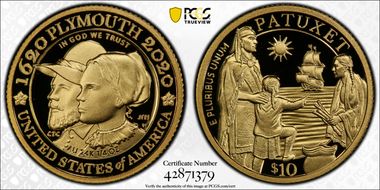 2020-W $10 Mayflower 400th Anniversary U.K. Gold Proof Set PR70DCAM