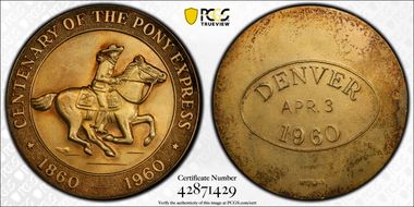 1960 SC$1 HK-584 Antiqued Ag Pony Express Cent.-Mumey $ N1