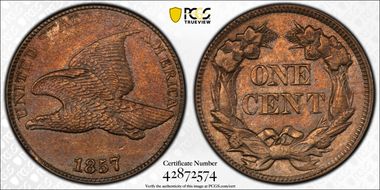 1857 1C Flying Eagle AU58