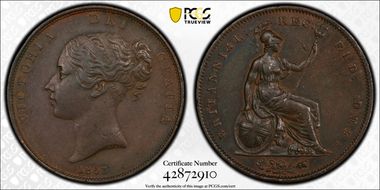 1853 1D S-3948 Ornamental trident AU58BN
