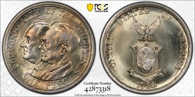 1936-M Peso Roosevelt-Quezon KM-177  Ag MS66