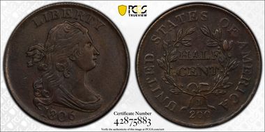 1806 1/2C Small 6, No Stems AU53BN