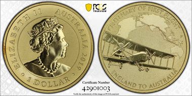 2019-P $1 100th Ann. First Flight England to Australia MS69