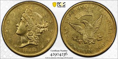 1855 $20 Wass, Molitor & Co. Large Head AU53