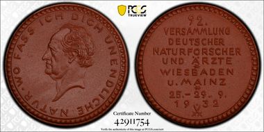 1932 Medal  Scheuch-2313a Wiesbaden Brown Porcelain MS66