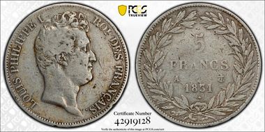 1831-A 5 Fr Gad-676 Tête nue - en creux VF20