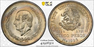 1953-Mo 5 Peso Hidalgo KM-467 Ag MS66