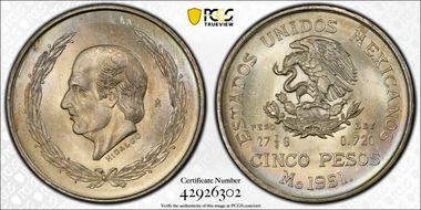 1951-Mo 5 Peso Hildago KM-467  Ag MS66+