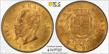 1865-T BN 20 L KM-10.1  Au MS62+ 