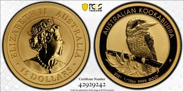 2021-P $15 Kookaburra 1/10thoz Au MS70