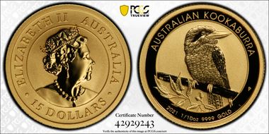 2021-P $15 Kookaburra 1/10thoz Au MS70