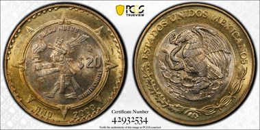 2000-Mo 20 Peso Xiuhtecuhtli MS65
