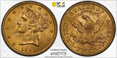 1901 $5 MS64