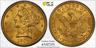 1907 $5 MS64