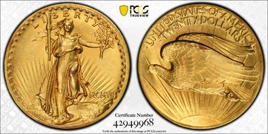 1907 $20 High Relief, Flat Edge MS64