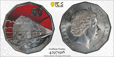 2019 50C 90 Ann. of Ghan Colorized MS69
