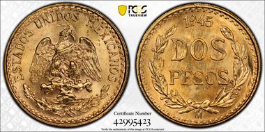 1945-Mo 2 Peso KM-461  Au MS65