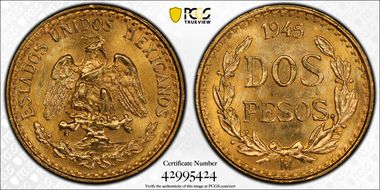 1945-Mo 2 Peso KM-461  Au MS65