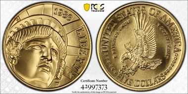 1986-W $5 Statue Of Liberty MS70