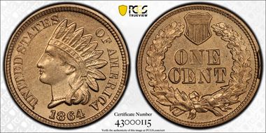 1864 1C Copper-Nickel AU58+