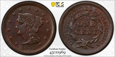 1855 1C Upright 55 MS65BN