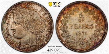 1871-K 5 Fr Gad-742 F-332 Cérès 3 Feuilles MS62