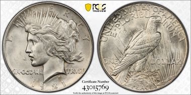 1921 $1 High Relief, Peace MS63