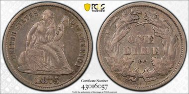 1875-CC 10C Mintmark Above, F-113a XF40