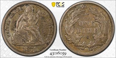 1875-S 10C Mintmark Above, F-101 AU50