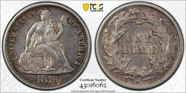 1876-S 10C F-108 AU53