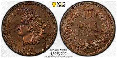 1860 1C Pointed Bust MS65+